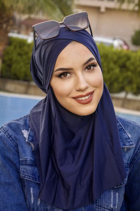 Lacivert Çapraz Bantlı Medium Size Hijab - Hazır Şal